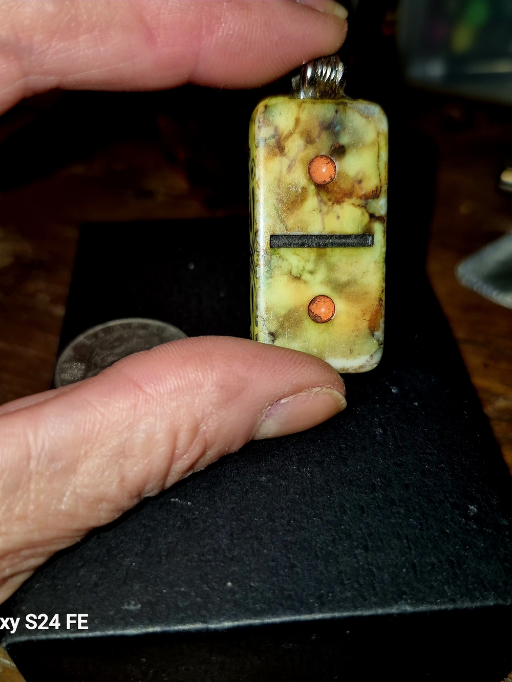 Yellow-Green Turquoise Domino Pendant Necklace with Orange Accents